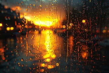 Fototapeta premium Raindrops on Window Pane with Vibrant Sunset Reflections and Warm Glowing Bokeh Creating a Serene Atmospheric Evening Scene