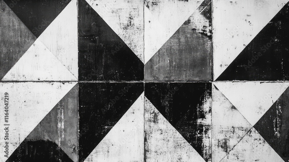 Poster geometric abstract design featuring contrasting black and white triangles with a distressed texture 