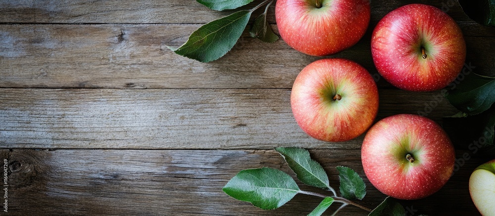 Poster fresh red apples and green leaves on rustic wooden table symbolizing education and a welcoming learn