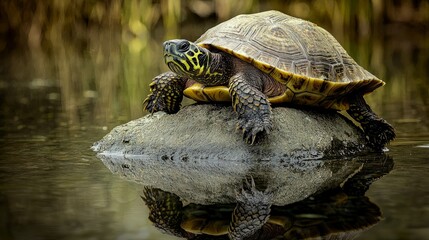 Yellow-bellied slider turtle basking on a rock in calm water, its reflection visible.