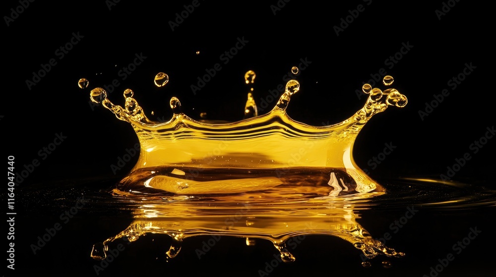 Poster lemon juice splash crown in oil creating dynamic wave droplets on black background showcasing fluid 