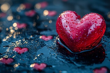Image depicting glossy red hearts sprinkled with water droplets