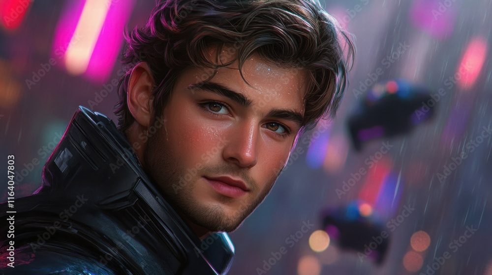 Poster A close-up portrait of a young man in a futuristic setting with neon lights and rain.