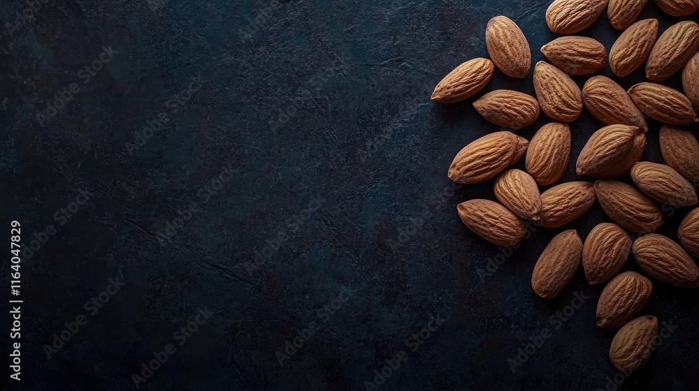 Poster almonds scattered on a dark textured surface showcasing their natural color and shape ideal for culi