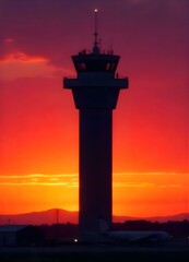 Obraz premium Silhouette of an air traffic control tower against a vibrant sunset sky.