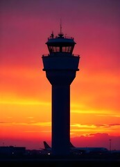 Obraz premium Silhouette of an air traffic control tower against a vibrant sunset sky.