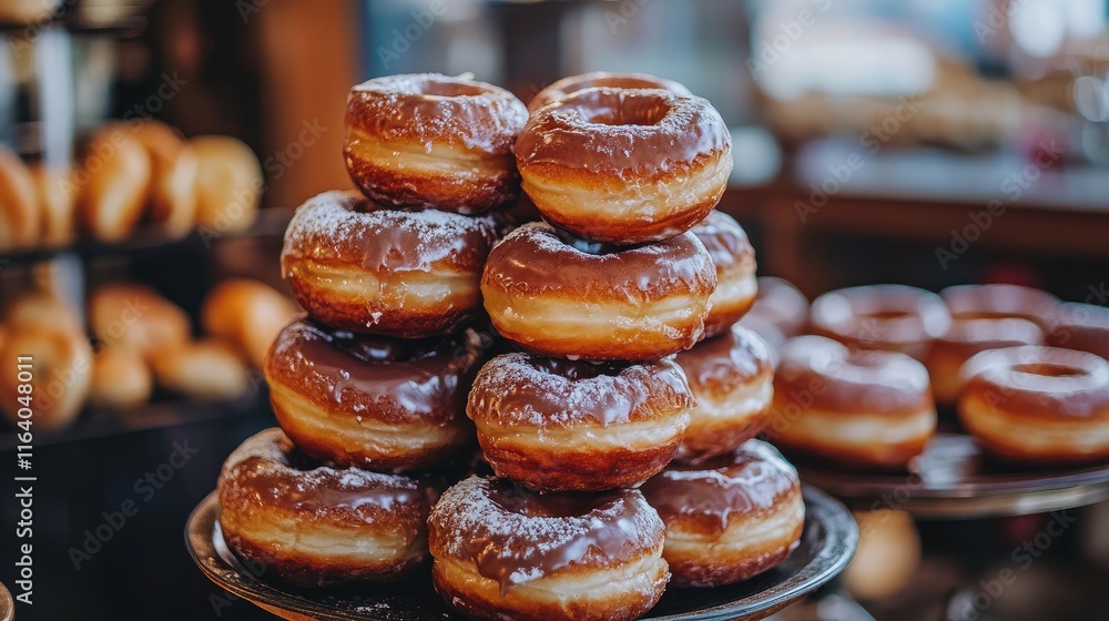 Poster stack of glazed donuts creating an appetizing display showcasing delicious sweet treats in a bakery 