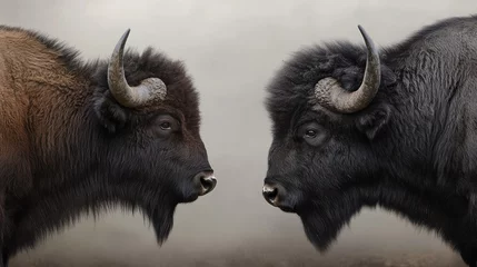Fototapete Rund Brown and black buffalo facing each other in a natural setting with a soft blurred background © Rizvan