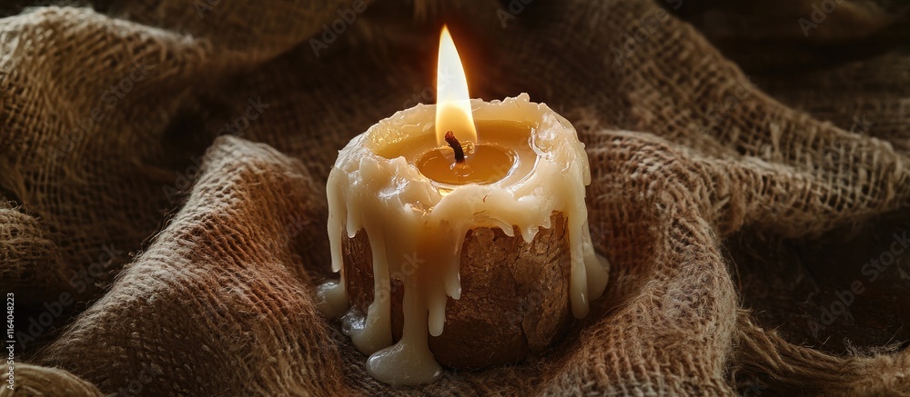 Aufkleber cozy candle with melted wax drippings on rustic fabric creating a warm and inviting atmosphere for h