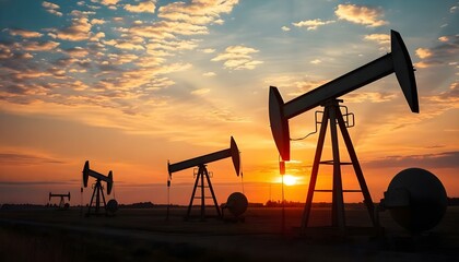 Naklejka premium Oil pumps in a field at sunset, with the sky reflecting in the water.