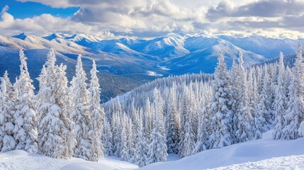 Aerial view of snow covered pine trees with majestic mountains and a serene winter landscape in bright sunlight and blue skies