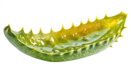 Naklejka premium Aloe vera fresh leaf cross-section showcasing translucent gel and spiny edges isolated on white background for natural skincare concepts.