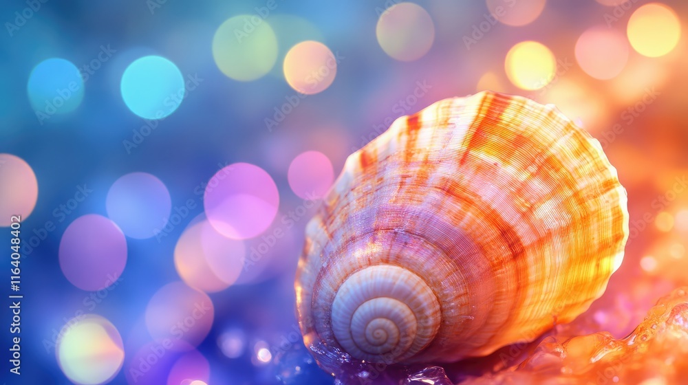 Poster colorful abstract bokeh background featuring a small seashell on a glittering surface