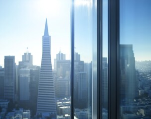Cityscape view through modern glass window.