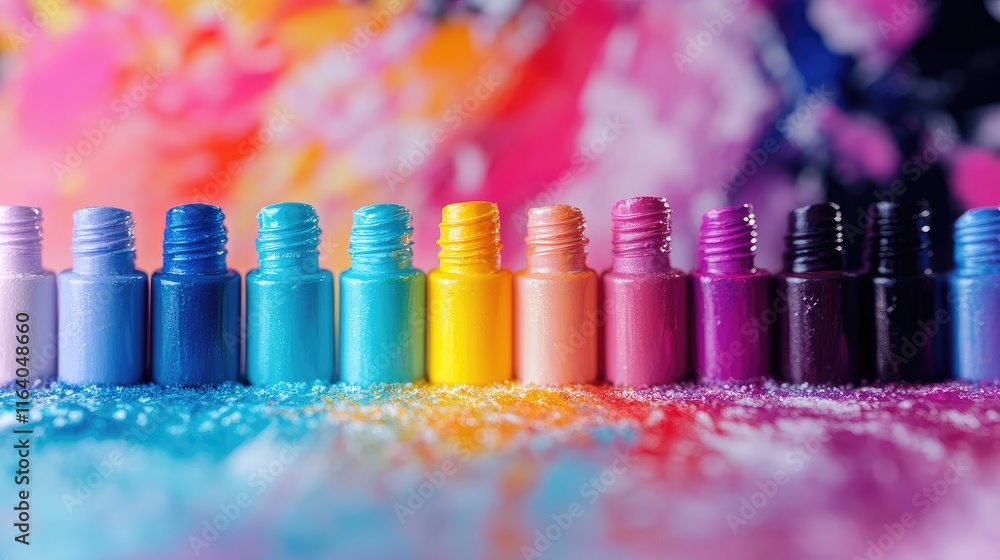 Poster colorful bokeh background featuring vibrant paint bottles lined up with a soft gradient for artistic