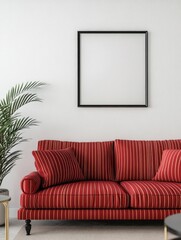 Red Striped Sofa with Black Framed Picture and Plant