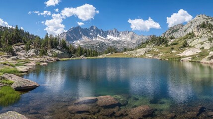 Naklejka premium Mountain Serenity Reflected in Crystal Clear Lake Surrounded by Lush Greenery and Majestic Peaks Under a Bright Blue Sky