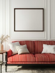 Red Striped Sofa With Frame And White Wall