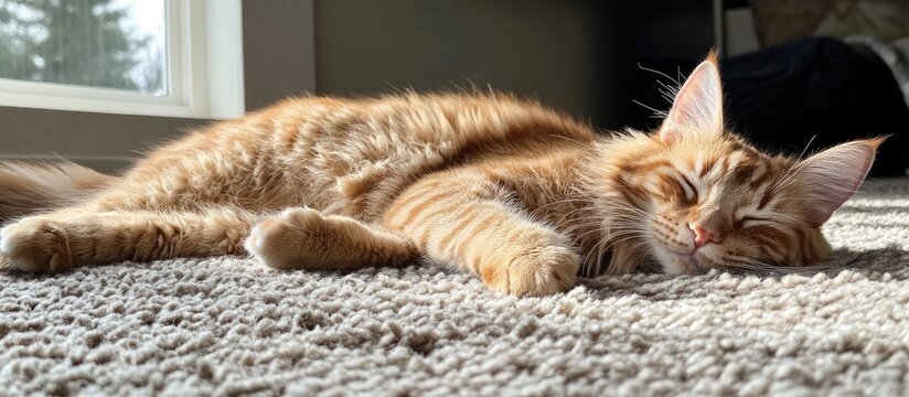 Ginger cat peacefully resting on a plush carpet in a warm and inviting home environment.