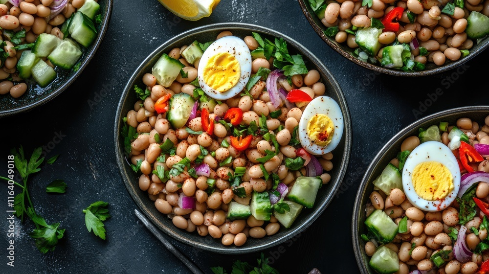 Poster overhead view of colorful bean salad with hard boiled eggs cucumber peppers onions lemon and fresh h