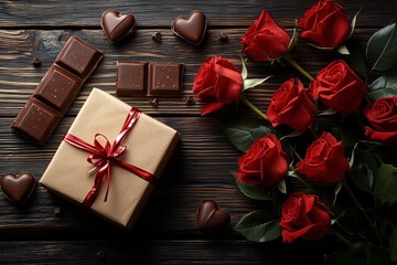 Beautiful red rose and dark chocolate for Valentine's Day