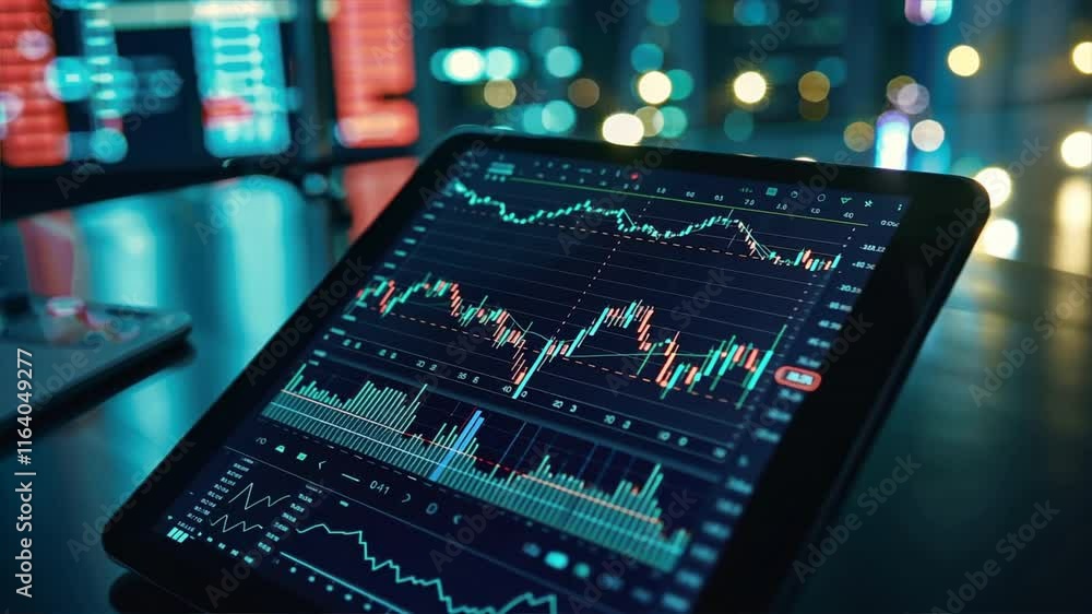Poster modern financial market data analyzing stock trends with graphs and charts on digital tablet in dyna