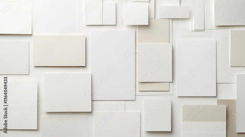 Poster abstract arrangement of varying sizes and shapes of blank cards and papers on a white background ide