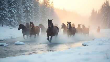 A wild horse herd crossing a misty, snow-covered river, illuminated by soft sunrise light.
