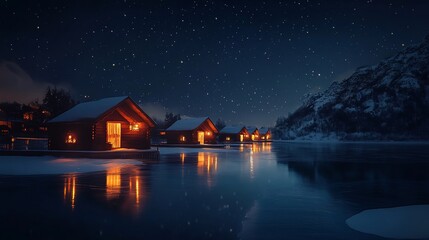 Fototapeta premium Cozy wooden cabins on a frozen lake at night, under a starry sky.
