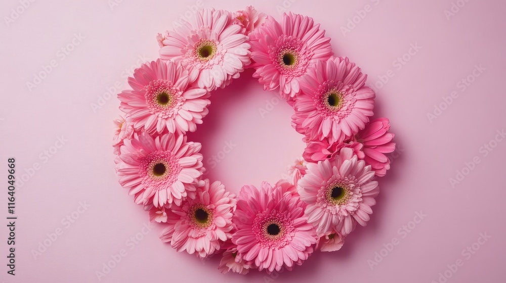 Poster pink gerbera flowers arranged in a circular pattern on a soft pink background creating a vibrant flo