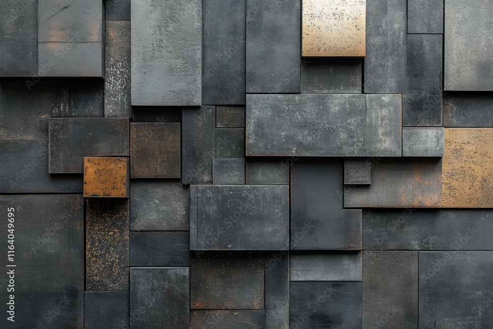 Poster abstract composition of metallic panels in varying shades and textures.