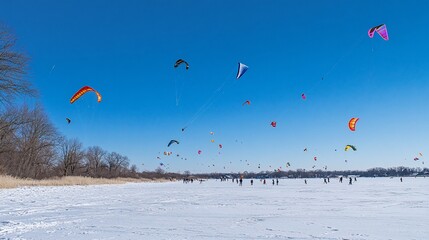 Colorful kites soaring over a frozen lake on a sunny day. People enjoying winter activities on the ice.