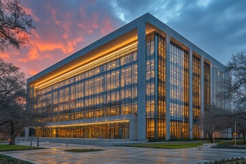 Modern glass office building at sunset. (2)