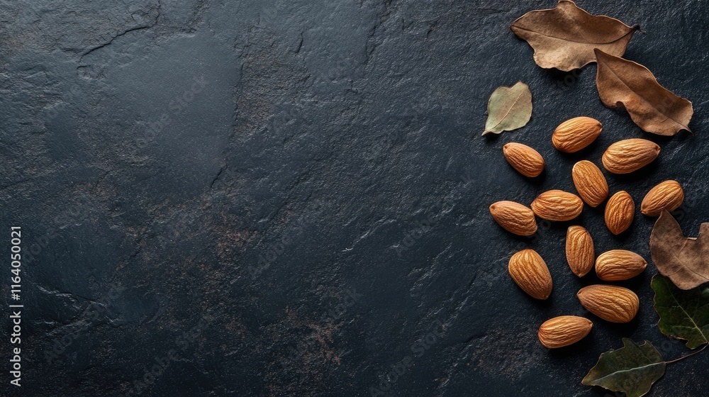 Poster almonds arranged artistically with dried leaves on a dark slate background creating a rustic and nat
