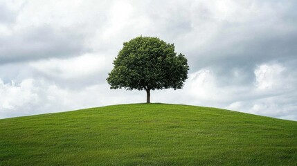 Fototapeta premium Lone tree on a vibrant green meadow beneath a dramatic cloudy sky creating a serene natural landscape scene.