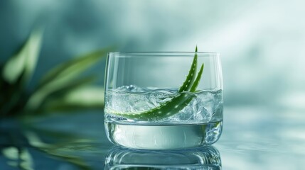 Fresh Aloe Vera Leaf in a Glass with Ice on an Isolated Calm Background for Natural Wellness and Health Concepts