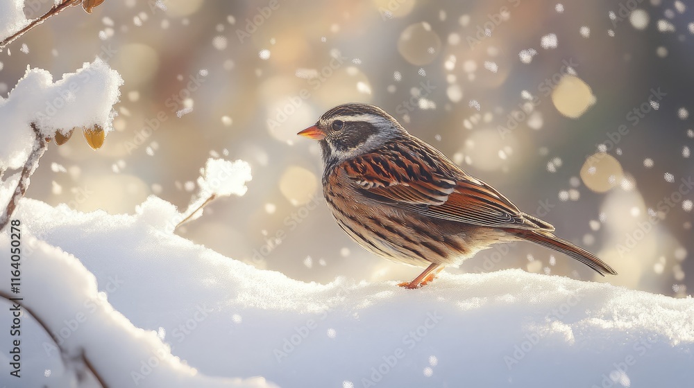 Poster alpine accentor perched in snow during winter with soft falling snowflakes and a blurred background 