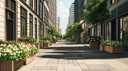 Urban greenery display downtown city scenic street view sunlit environment inviting concept