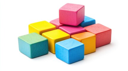 Colorful wooden learning blocks arranged playfully on a white background ideal for children's educational materials and toys.