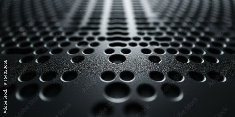 Poster close-up of a textured surface with circular perforations, emphasizing design and material.