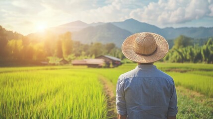 Traveling through lush rice fields at sunrise with an Asian man in a rattan hat on the way to a traditional Hmong village in springtime