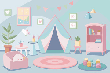 Pastel Kids' Room Design with Play Tent: Creative and Cozy Ideas for Child-Friendly Interiors and decorative elements provides a minimalistic background for a stock photo, offering ample copy space.