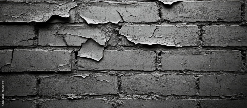 Poster weathered gray brick wall with peeling paint creating a textured background for creative design and 