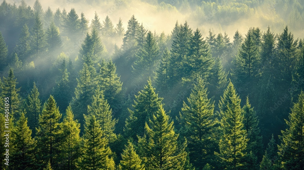 Poster aerial view of lush green forest with sun rays illuminating treetops and creating a serene natural l