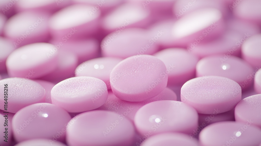Poster Close up of smooth pink circular candies with soft focus on blurred grey background creating a dreamy elegant design for various layouts