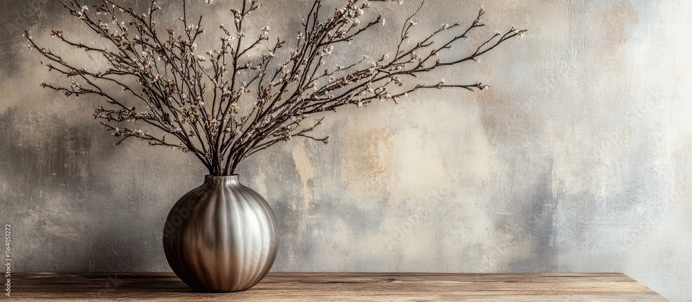 Poster rustic tree twigs elegantly arranged in a metallic vase on a wooden table creating a warm and stylis