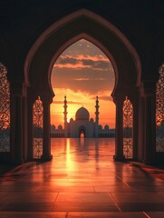 Mosque sunset islamic frame, vertical image, social media story, concept of night journey of isra mi'raj, ramadan, eid al-fitr, muharram, concept wallpaper. Copy space.