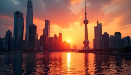 Obraz premium A stunning cityscape at sunset with glowing skyscrapers and serene water reflections.