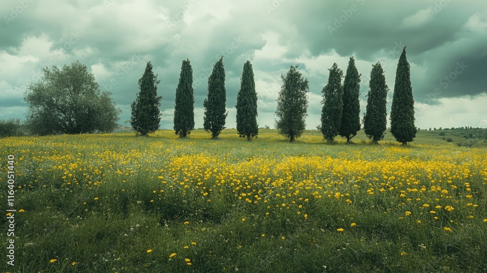 Poster tranquil minimalist landscape featuring cypress trees on a green field adorned with yellow flowers u