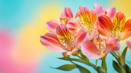 Fototapeta premium Alstroemeria flowers in vibrant colors against a soft pastel background showcasing their delicate beauty and intricate patterns.